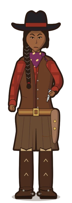 A cowgirl with a braid drawing her revolver