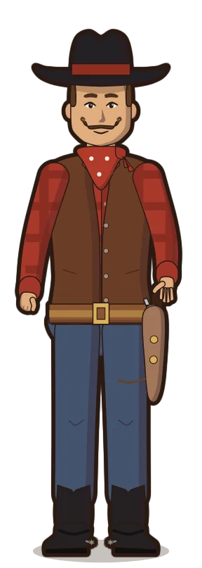 A gunslinger in a black hat, red shirt and leather vest