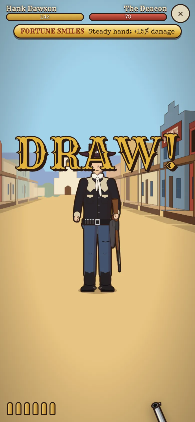 DRAW! lettered across the street as the bell rings, the outlaw still standing