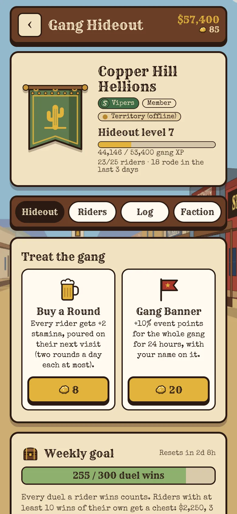 A gang’s Hideout: the gang’s banner and emblem, its level, and the Buy a Round and Gang Banner buttons