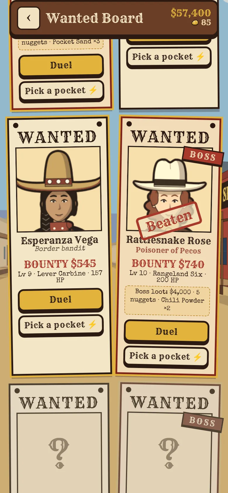 The Wanted Board in the game: posters of Esperanza Vega and Rattlesnake Rose, stamped Beaten