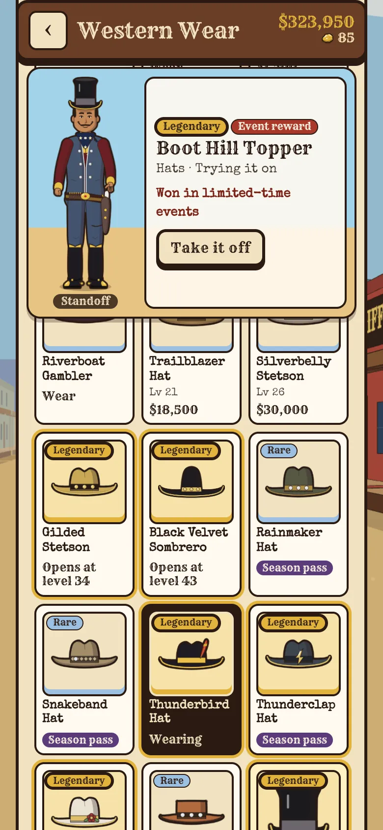 Western Wear: a legendary hat tried on, the gunslinger in legendary pieces, and the hat shelf with rarity tags